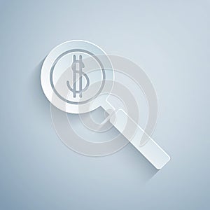 Paper cut Magnifying glass and dollar symbol icon isolated on grey background. Find money. Looking for money. Paper art
