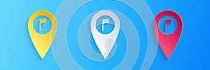 Paper cut Map pointer with golf flag icon isolated on blue background. Location marker symbol. Paper art style. Vector