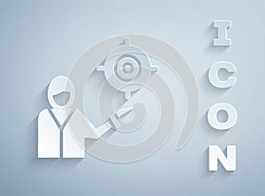 Paper cut Marketing target strategy concept icon isolated on grey background. Aim with people sign. Paper art style