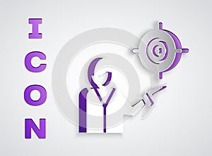 Paper cut Marketing target strategy concept icon isolated on grey background. Aim with people sign. Paper art style