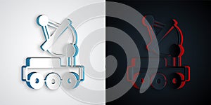 Paper cut Mars rover icon isolated on grey and black background. Space rover. Moonwalker sign. Apparatus for studying