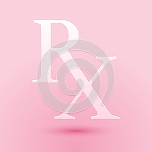 Paper cut Medicine symbol Rx prescription icon isolated on pink background. Paper art style. Vector