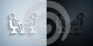 Paper cut Meeting icon isolated on grey and black background. Business team meeting, discussion concept, analysis