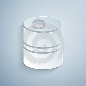 Paper cut Metal beer keg icon isolated on grey background. Paper art style. Vector