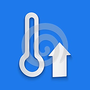 Paper cut Meteorology thermometer measuring icon isolated on blue background. Thermometer equipment showing hot or cold