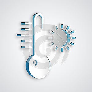 Paper cut Meteorology thermometer measuring icon isolated on grey background. Thermometer equipment showing hot or cold