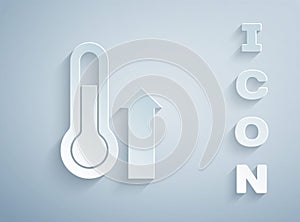 Paper cut Meteorology thermometer measuring icon isolated on grey background. Thermometer equipment showing hot or cold