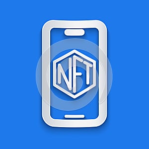 Paper cut Mobile with art store app icon isolated on blue background. Technology of selling NFT tokens for
