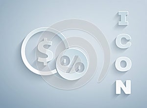 Paper cut Money coin with percent icon isolated on grey background. Cash Banking currency sign. Paper art style. Vector