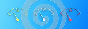 Paper cut Motor gas gauge icon isolated on blue background. Empty fuel meter. Full tank indication. Paper art style