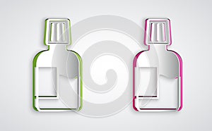 Paper cut Mouthwash plastic bottle icon isolated on grey background. Liquid for rinsing mouth. Oralcare equipment. Paper