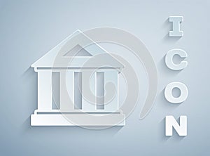 Paper cut Museum building icon isolated on grey background. Paper art style. Vector