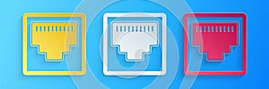 Paper cut Network port - cable socket icon isolated on blue background. LAN port icon. Ethernet simple icon. Local area