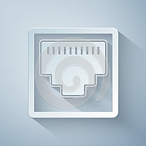 Paper cut Network port - cable socket icon isolated on grey background. LAN port icon. Ethernet simple icon. Local area