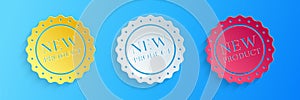 Paper cut New product label, badge, seal, sticker, tag, stamp icon isolated on blue background. Paper art style. Vector
