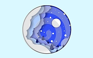 Paper cut night landscape. paper-cut circle with nature object. Clouds and night sky with moon, stars and winter pin trees