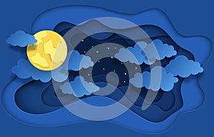 Paper cut night sky. Dreamy background with moon stars and clouds, abstract fantasy background. Vector origami backdrop