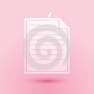 Paper cut Note paper with pinned pushbutton icon isolated on pink background. Memo paper sign. Paper art style. Vector