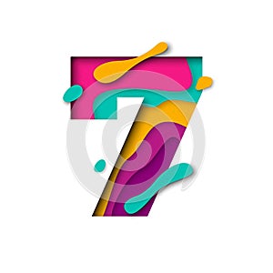 Paper cut number Seven 7 letter. Realistic 3D multi layers papercut effect