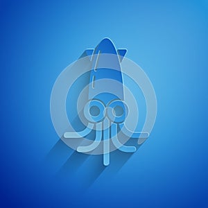 Paper cut Octopus icon isolated on blue background. Paper art style. Vector