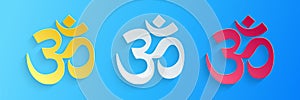Paper cut Om or Aum Indian sacred sound icon isolated on blue background. The symbol of the divine triad of Brahma