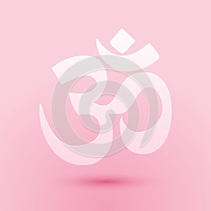 Paper cut Om or Aum Indian sacred sound icon isolated on pink background. The symbol of the divine triad of Brahma
