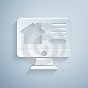 Paper cut Online real estate house on monitor icon isolated on grey background. Home loan concept, rent, buy, buying a