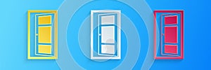 Paper cut Open door icon isolated on blue background. Paper art style. Vector