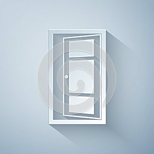 Paper cut Open door icon isolated on grey background. Paper art style