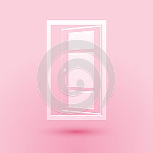 Paper cut Open door icon isolated on pink background. Paper art style. Vector