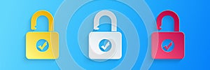 Paper cut Open padlock icon isolated on blue background. Opened lock sign. Cyber security concept. Digital data