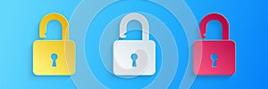 Paper cut Open padlock icon isolated on blue background. Opened lock sign. Cyber security concept. Digital data