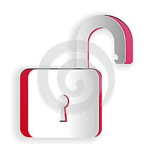 Paper cut Open padlock icon isolated on white background. Opened lock sign. Cyber security concept. Digital data