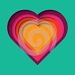 Paper cut out background with 3d effect, heart shape in vibrant colors