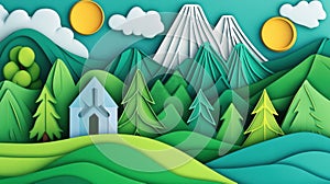 A paper cut out of a mountain with trees and sun, AI