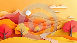 A paper cut out of a mountain with trees and sun, AI