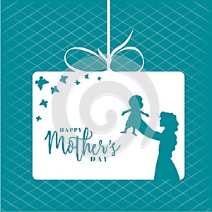 Paper cut-out style with mother holding her child on sky blue