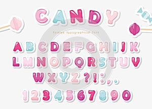 Paper cut out sweet font design. Candy ABC letters and numbers. Pastel pink and blue.