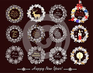 Paper cut out xmas wreath collection with conifer branches, cone, candle, reindeer, golden star and paper handmade snowflakes