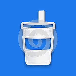 Paper cut Paper glass with drinking straw and water icon isolated on blue background. Soda drink glass. Fresh cold