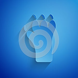 Paper cut Paw print icon isolated on blue background. Dog or cat paw print. Animal track. Paper art style. Vector