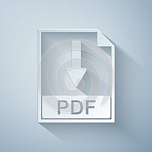 Paper cut PDF file document icon isolated on grey background. Download PDF button sign. Paper art style