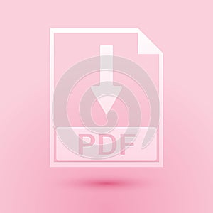 Paper cut PDF file document icon isolated on pink background. Download PDF button sign. Paper art style. Vector