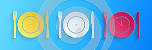 Paper cut Plate with clock, fork and knife icon isolated on blue background. Lunch time. Eating, nutrition regime, meal