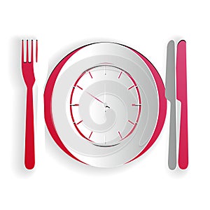 Paper cut Plate with clock, fork and knife icon isolated on white background. Lunch time. Eating, nutrition regime, meal