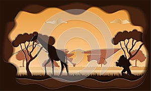 A paper-cut postcard with a savannah, a giraffe and a tourist photographer on a sunset background. vector illustration