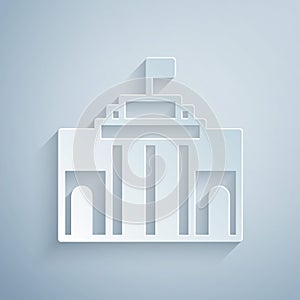 Paper cut Prado museum icon isolated on grey background. Madrid, Spain. Paper art style. Vector