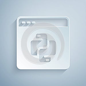 Paper cut Python programming language icon isolated on grey background. Python coding language sign on browser. Device