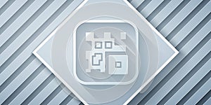 Paper cut QR code sample for smartphone scanning icon isolated on grey background. Paper art style. Vector