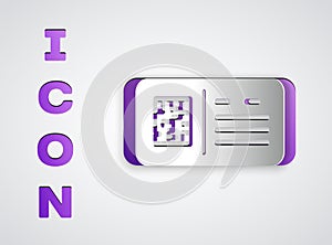 Paper cut QR code ticket train icon isolated on grey background. Paper art style. Vector